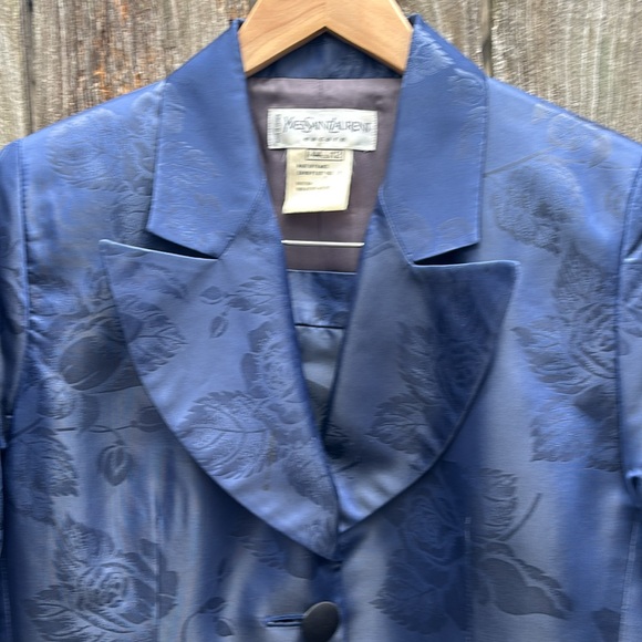 DESIGNER Vintage Yves Saint Laurent Suit Jacket Skirt Blue Brocade Women’s 12 - Picture 2 of 10